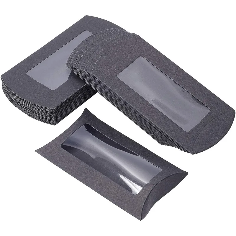 

30 шт. 5x2,7x0,8 дюйма, черная крафт-бумага, коробки для подушек с прозрачным окном, коробка для упаковки конфет, коробка для подарков на день рождения, свадьбу, вечеринку