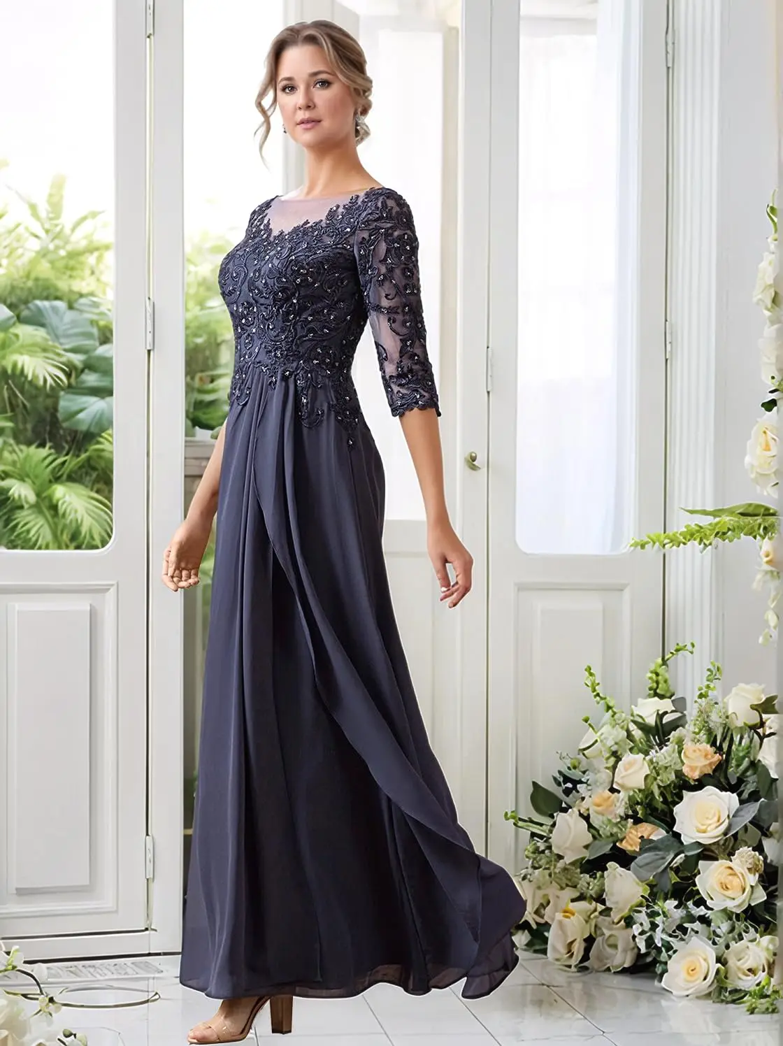 

Customized Lace Appliques Mother Of Bride Dresses For Wedding 3/4 Sleeves Shiny Beaded Ruffles Chiffon Formal Prom Evening Gowns