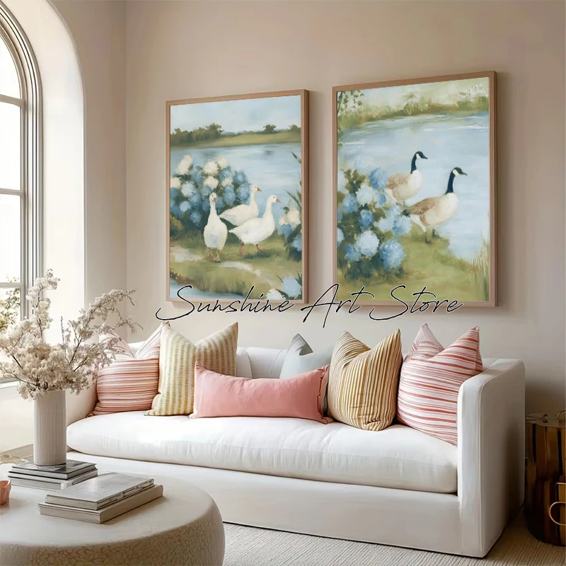 Blue Bird Abstract Sage Green Navy Blue Minimalist Bird Lakeside Geese Hydrangeas Poster Canvas Painting Wall Picture Home Decor