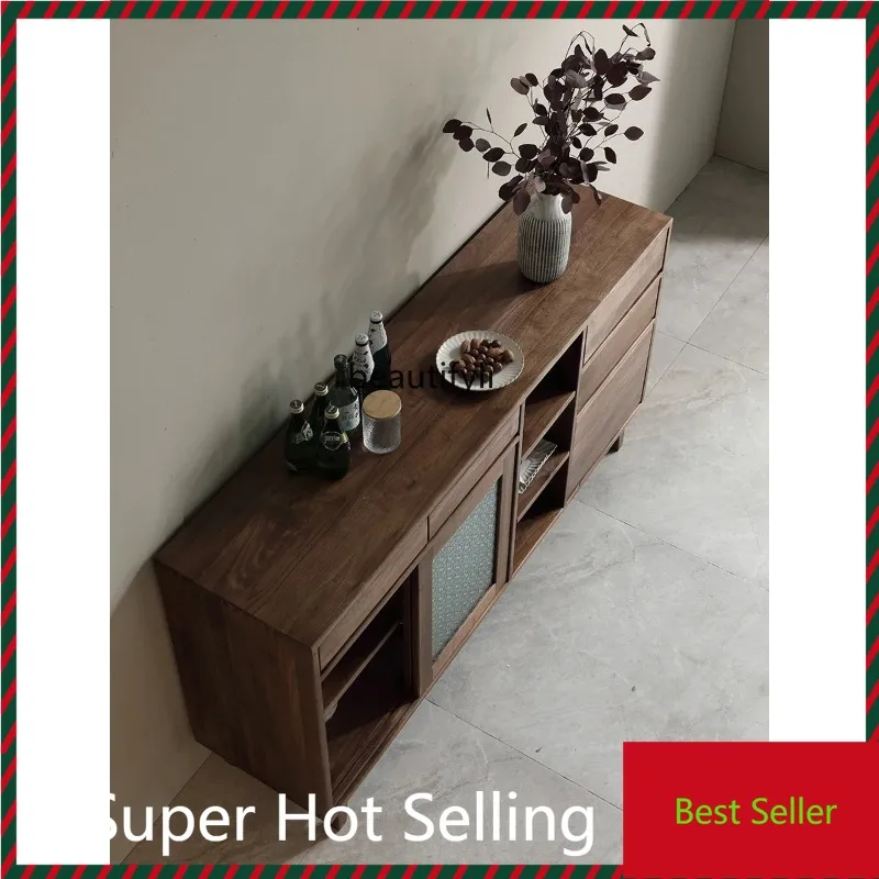 

K132 VNordic Solid Wood Sideboard Cabinet Black Walnut Wooden Liquor Cabinet Tea Cabinet Glass Display Locker