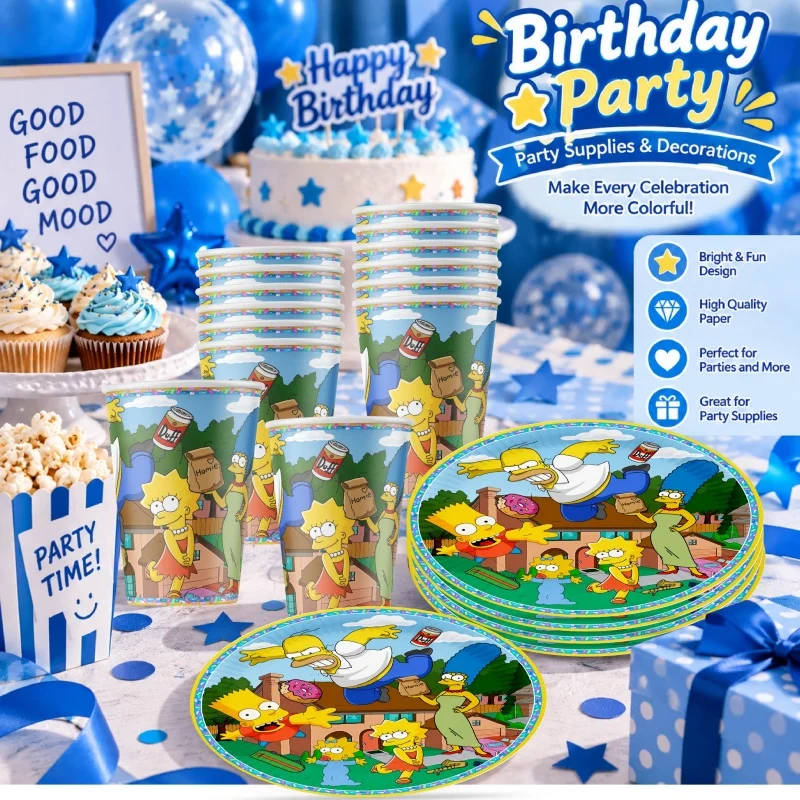 Das Simpsons Happy Birthday Party Dekorations- und Tischgeschirr-Set, bestehend aus Teller, Bechern und Servietten mit Cartoon-Motiven, ist praktisch, langlebig und ein Bestseller. – Detail 2