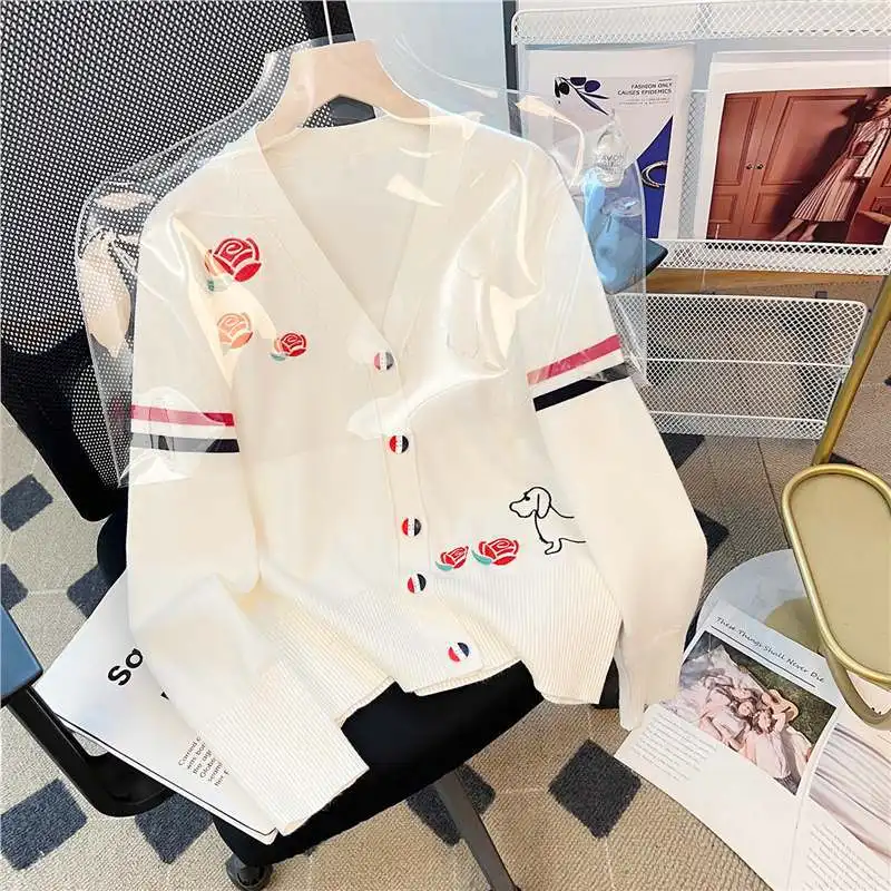 2024Autumn and Winter Double Sleeve Colorful Narrow Goods Flower Puppy EmbroideryVCollar Long Sleeve Knitted Cardigan Sweater Co