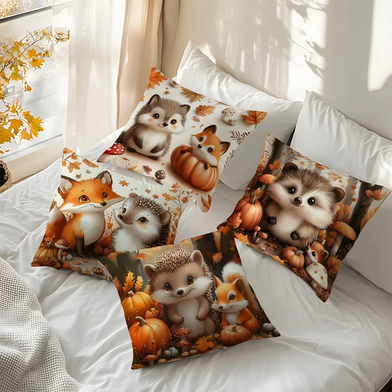 Home Decor Cute Hedgehogs & Foxes Autumn Scene Pillow Covers Pattern Cushion Cover Suitable for Sofa Bedroom Car Pillow Cover