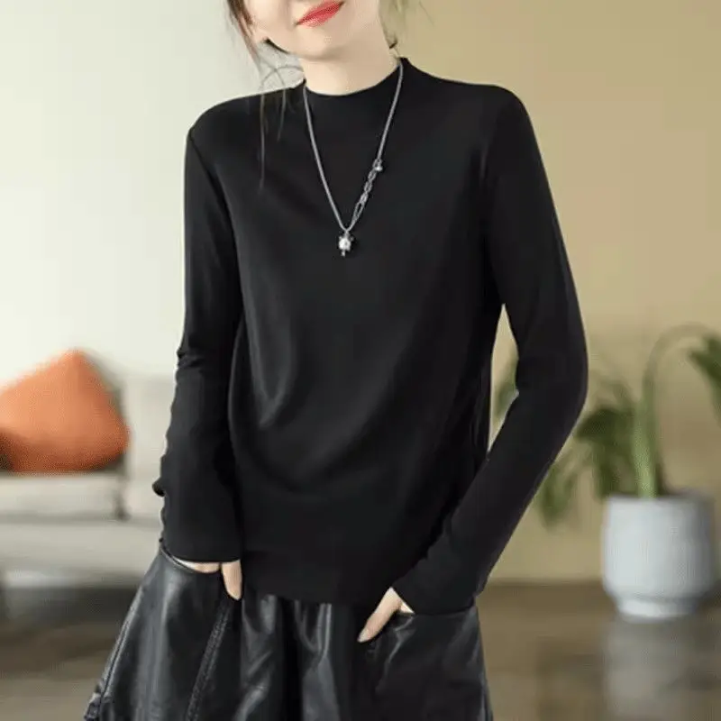 2024 Autumn And Winter T-Shirt Artistic Solid Color Stand Up Collar Brushed Bottom Shirt For Women Loose Top For Women K2293