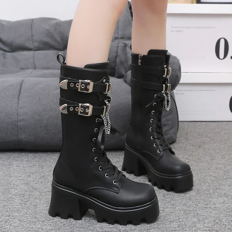 Autumn Women Punk Style Platform Mid-calf Boots Thick Sole Leather Motorcycle Boots 9CM Chunky Metal Buckle Short Boots Woman