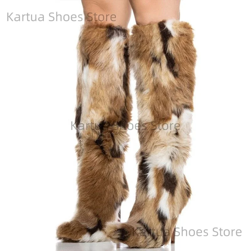 

Женские сапоги до колена из искусственного меха с леопардовым принтом, пикантная обувь на высоком каблуке-шпильке в стиле ретро, специальные женские ботильоны большого размера для вечеринок