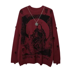 Harajuku Priester Rettung gedruckt Strickwaren Unisex Streetwear Hip Hop zerstört Loch zerrissen Pullover Pullover übergroße Männer