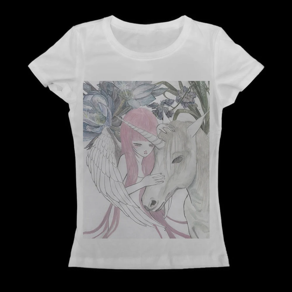 Traumhaftes Engel-Mädchen Einhorn Blumen-Skizzen-Print Damen Langarm-Oberteil Rundhals Slim Fairy Grunge Y2K Harajuku Ästhetisches Figurbetontes T-Shirt – Detail 3