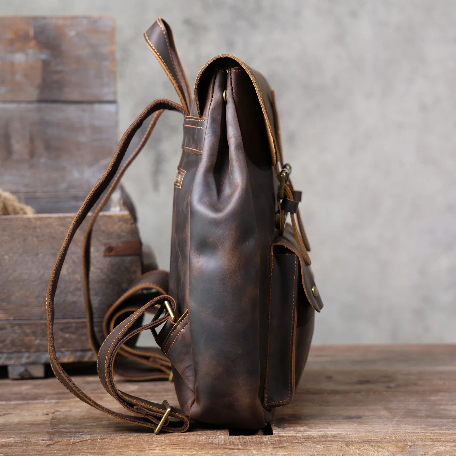S.WORKER Vintage Echtleder Herrenrucksack Handgefertigte Top-Grain-Leder Laptop-Umhängetasche Crazy Horse Tasche Mode für Männer – Detail 9
