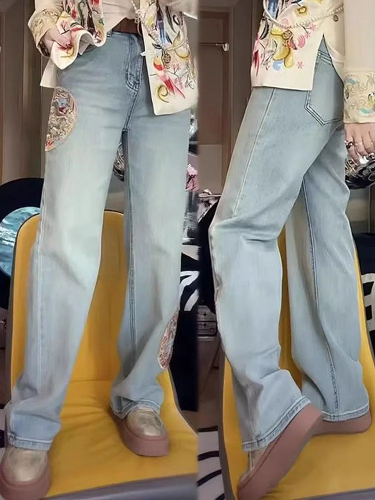 

High Waist Slimming Denim Jeans Women's Straight Leg Embroidered Narrow Version Spring Summer New Sle Covering Flaws