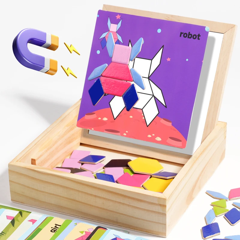 Holzkiste Blöcke Puzzle Denksportaufgaben Spielzeug Tangram Puzzle Intelligenz Bunte 3D-Blöcke Montessori Pädagogisch
