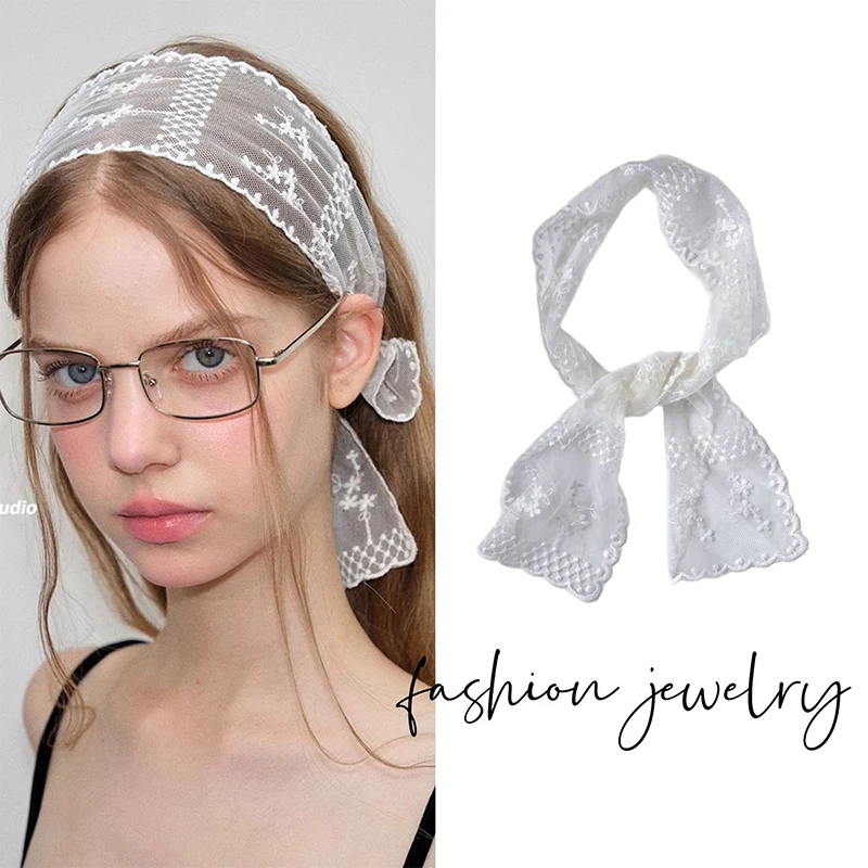 Süßes Blumen-Spitzen-Halsband, Dekoration für das Anziehen, Haarband im koreanischen Stil, transparentes langes Band, Kopftuch – Detail 12
