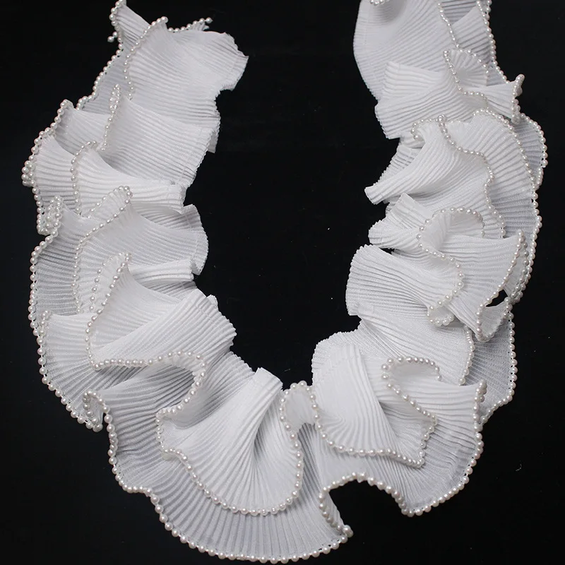 

9cm Double Layer Pleated Chiffon Lace Trim with Pearls for Clothing Sewing Skirt Hem Sleeve Cuff Garment Accessories Pleated