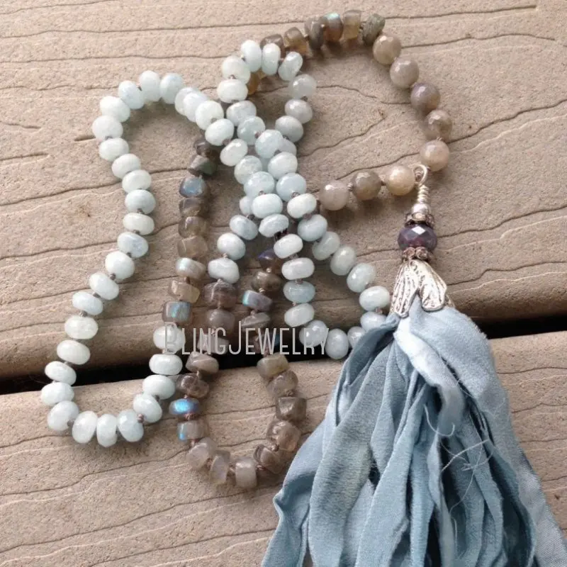 NM21467 Aquamarin Labradorite Beads Necklace for Women with Sari Silk Tassel Unique Accessory Jewelry