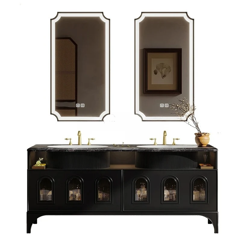 

Oak floor-to-ceiling French retro bathroom cabinet combination bathroom wash basin washbasin cabinet double basin