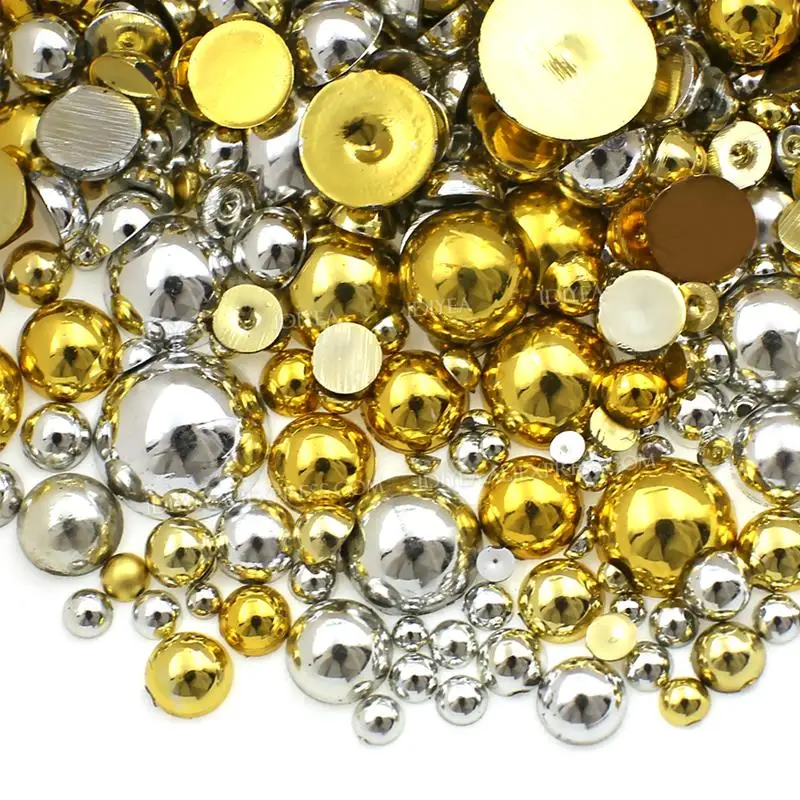 Shiny Gold Silver Mix Sizes 2mm-10mm Half Round Beads Imitation Pearl ABS Resin Flat Back Glitters For DIY Nail Craft Decoration