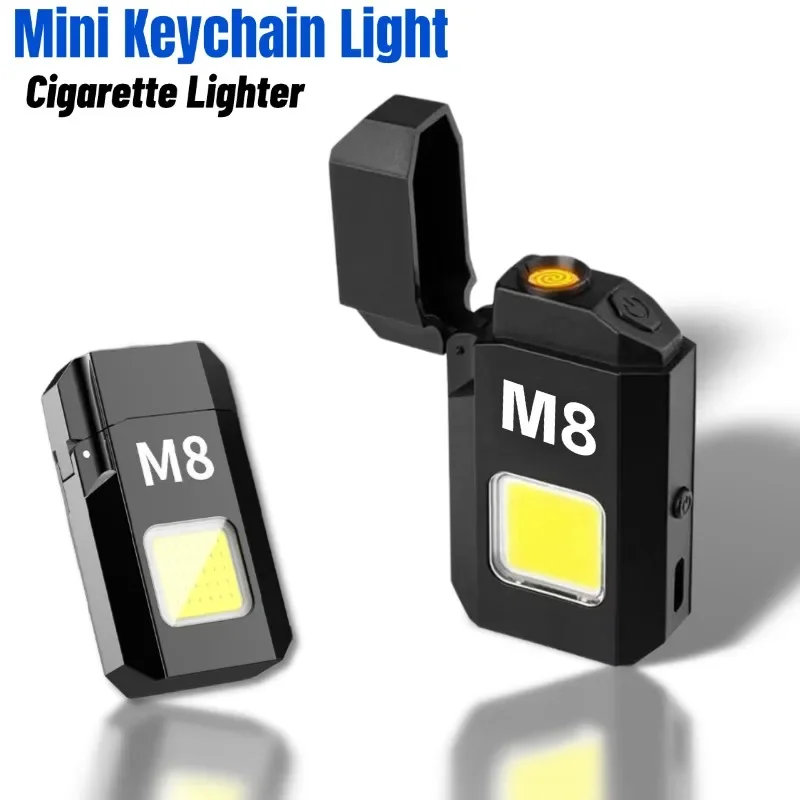 Mini Keychain Flashlight COB Portable Work Light with Cigarette Lighter USB Rechargeable Outdoor Camping Fishing Pocket Lamps