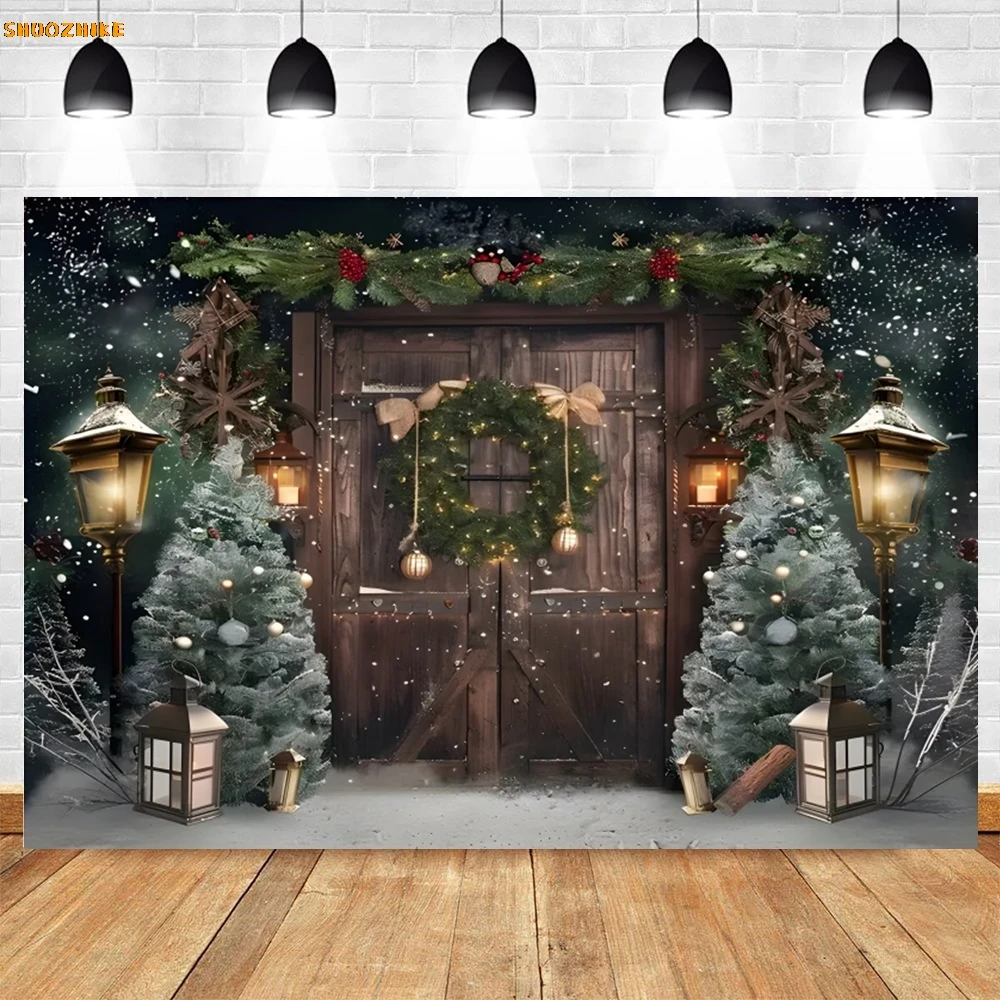 Dekorasi latar belakang fotografi Natal, pohon Natal hadiah jendela pintu kayu kamar Interior anak potret foto latar belakang dekorasi Studio foto