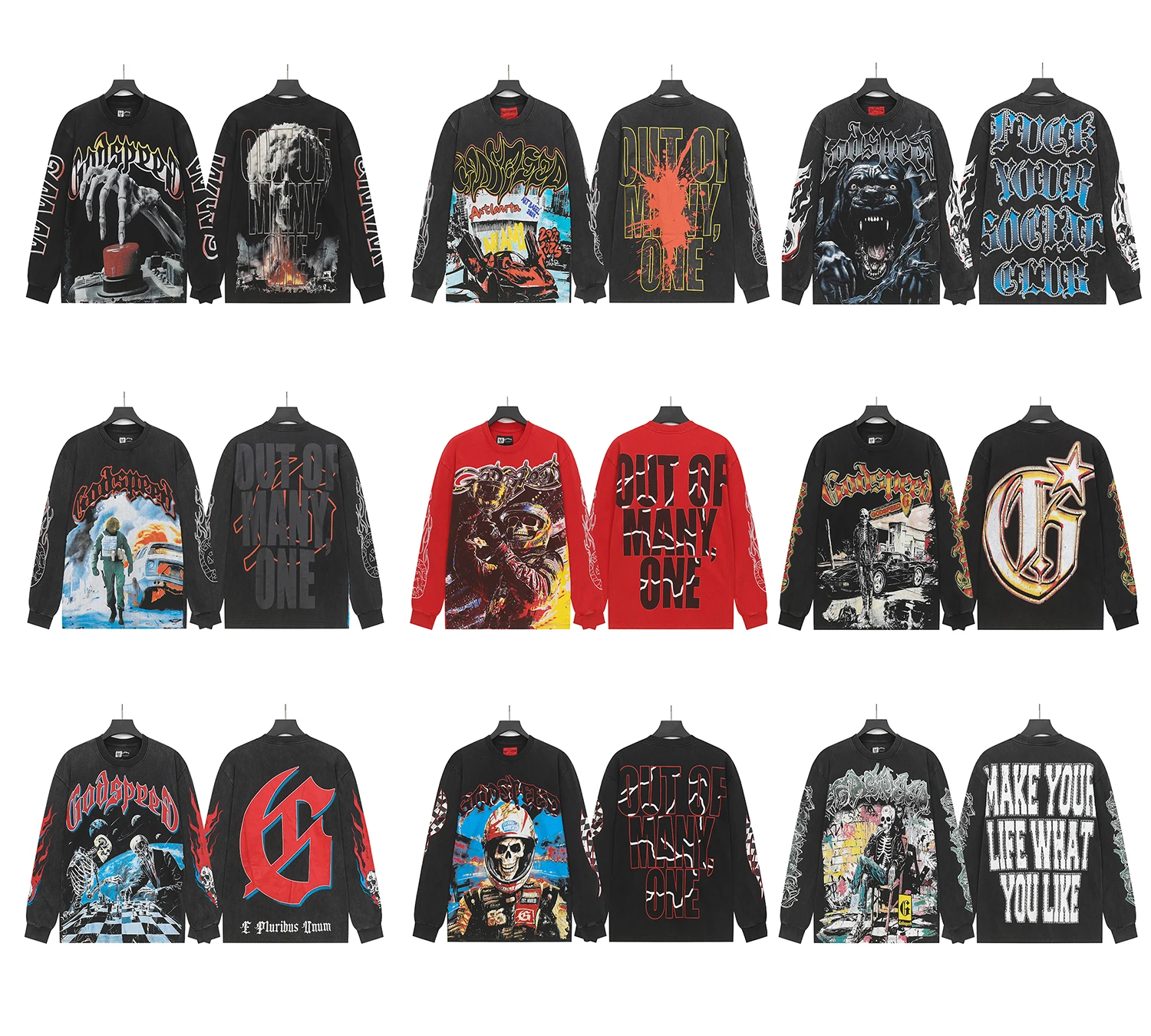 

Новинка 2025 года, футболка Godspeed с длинными рукавами High Street в стиле хип-хоп, модная брендовая потертая летняя повседневная свободная хлопковая футболка с принтом черепа