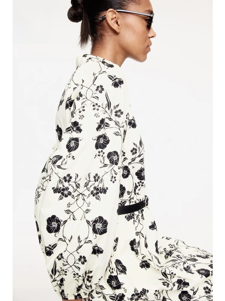 H&M Floral Print Dr with Belt And Bubble Hem Casual Sle Cotton A-Line Skirt ort Length V-Ne Spring Summer 2025