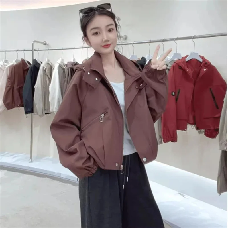 

Korean Women New Solid Color Windbreaker Coat Spring Ladies Hooded Casual Jacket Autumn Femme Fashion Loose Trench Short Outwear