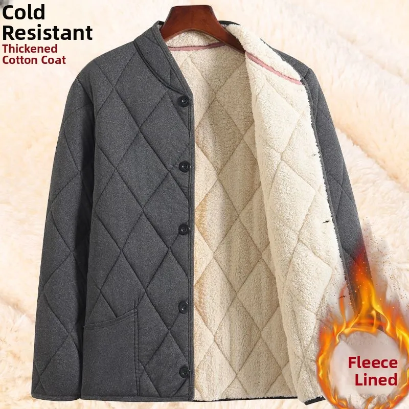 

Thiened Lamb Velvet Fce Winter Jaet for Dad Cotton Padded Warm Coat Stand Collar Chinese Sle Men's Winter Clothes
