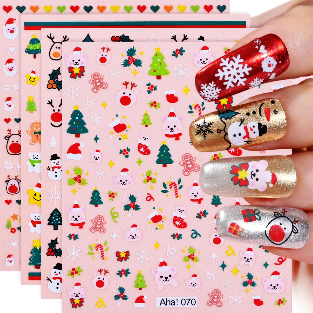 1pc Cartoon 3D Santa Claus Snowman Nail Sticker Christmas Nail Adhesive Slider Winter New Year Snowflakes Bear Elk Nail Decals