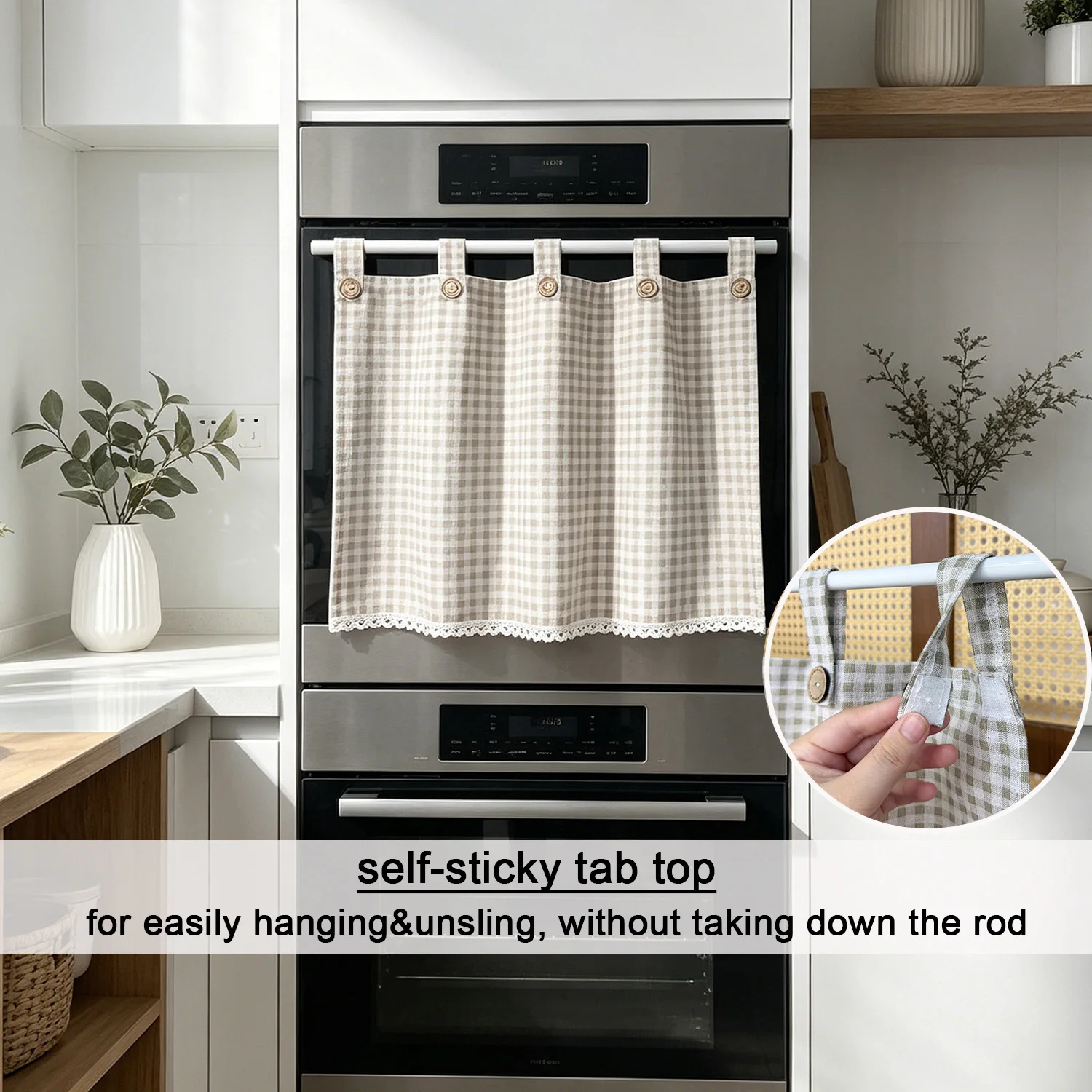 Vintage Plaid Oven Door Curtain with Lace Trim, Self-adhesive Tab Top Kitchen Cafe Curtains for Microwave, Farmhouse Home Decor
