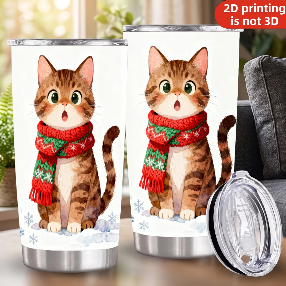 20oz Cute Surprised Tabby Cat Christmas Scarf Printed Stainless Steel Tumbler with Lid and Straw, Vacuum Insulated Travel Coffee Mug Holiday Gifts for Cat Lovers