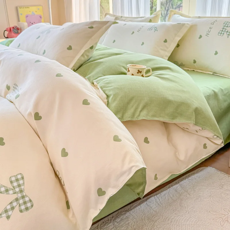 Fresh Style Thick Brushed Bedding Set, Bed Sheet Duvet Cover Fitted Sheet, Washed‑Cotton 3‑Piece Set For Dormitory