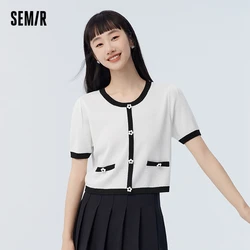 Semir Women sweater Short 2024 Summer New Slim Fit Contrast Thin Pullover Sweet Tee Tops For Woman