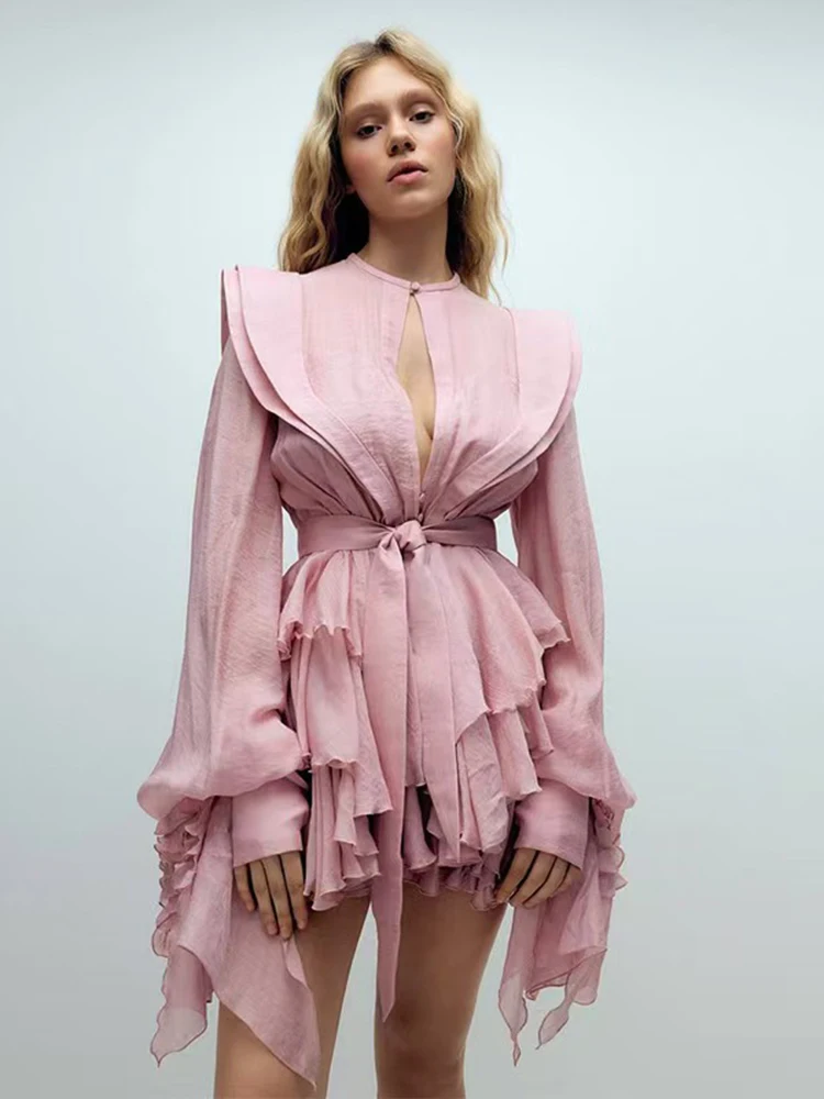 

Flounce Solid Lace Up Short Dresses Spring Women Lantern Sleeve O-neck Dress Summer High Waist Loose Casual A Line Mini Dress