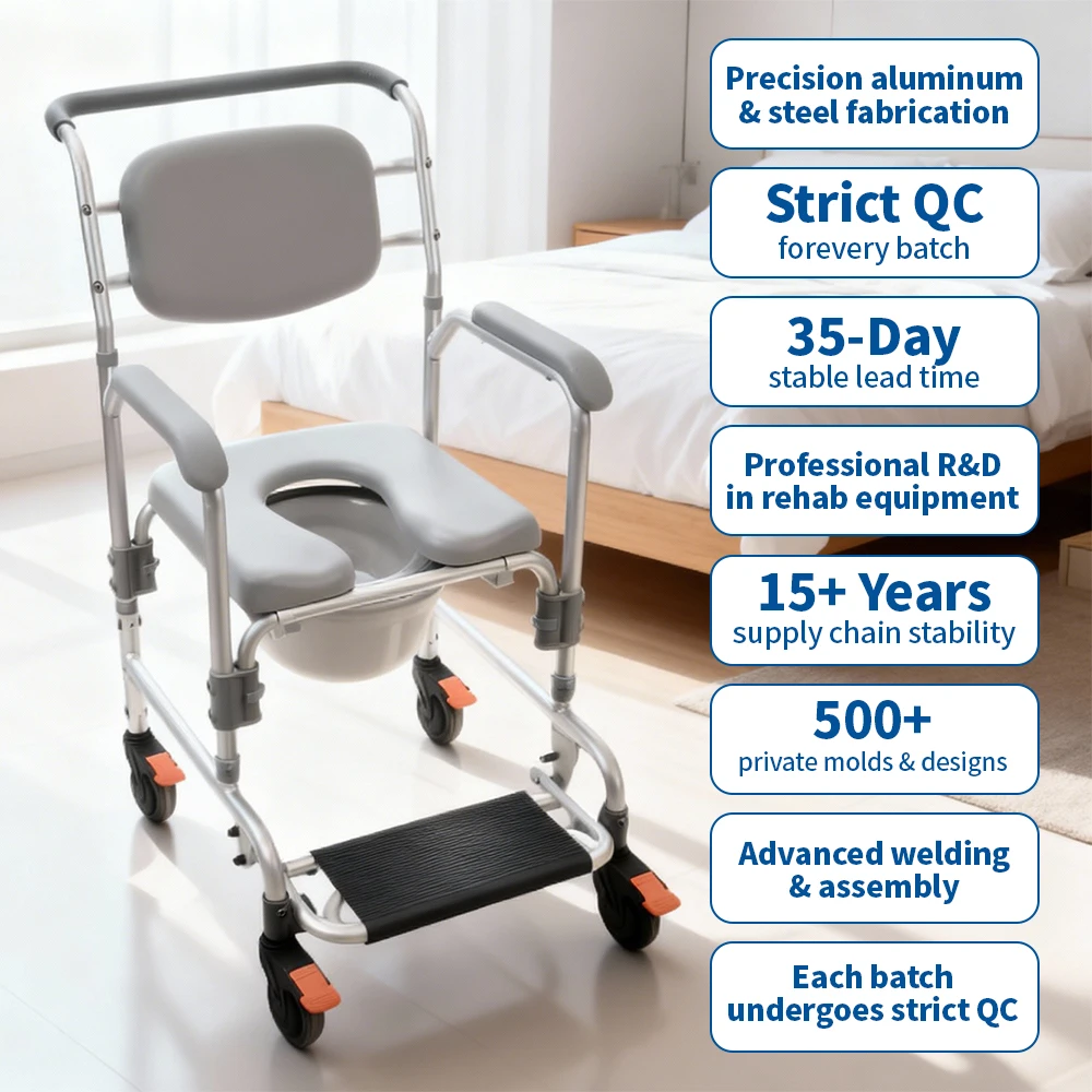 Lightweight Plastic Portable Bedpan Commode Chair With Locking Wheels Adjustable Height 125kg Load Bearing Home Care
