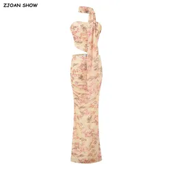 2 Pieces 1 Set 2025 Sexy With Scarf Light Orange Floral Print Mesh Tank Top + Zipper High Waist Ruched Package Hips Long Skirt