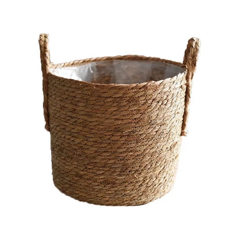 1 Piece Seagrass Planter Basket Flower Pot Cover Woven Plant Container Vase Wicker Trash