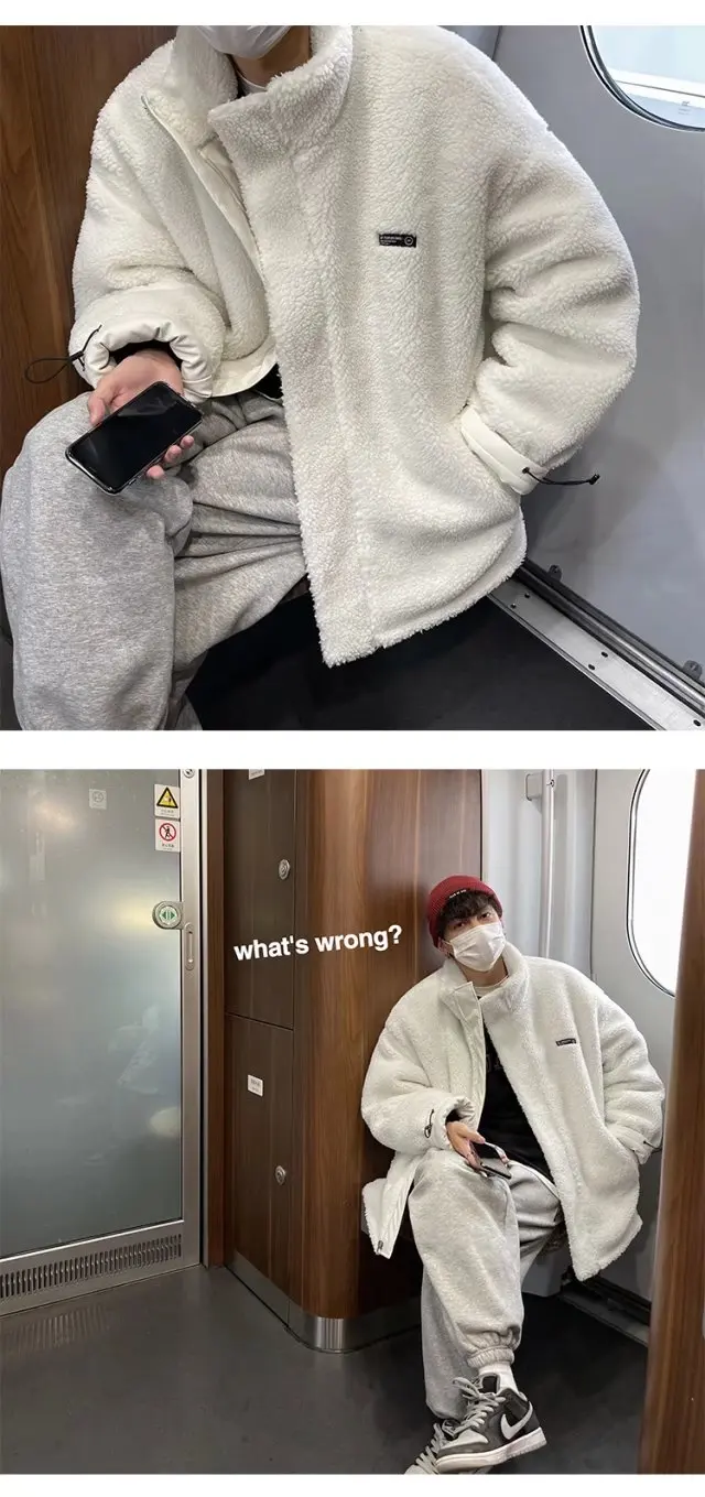 Chaqueta de algodón de cuero PU, nuevo estilo para hombres, fresca y elegante, chaqueta de algodón de doble cara de lana de cordero, marca de moda ins suelta