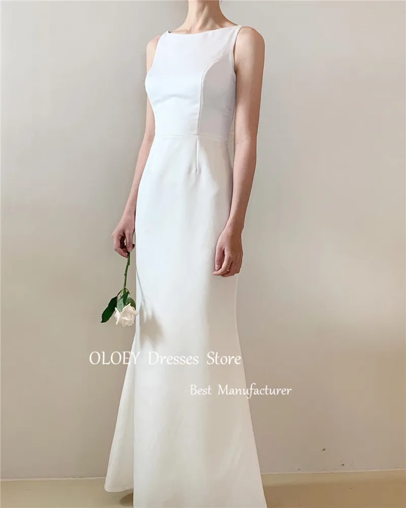 OLOEY Simple Mermaid Korea Wedding Dresses Photoshoot Soft Satin Scoop Neck Corset Back Floor Length Bridal Gowns