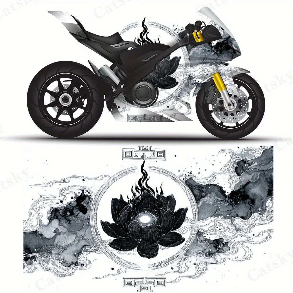 

Oriental Ink Style Black Lotus Motorcycle Film Stickers, Durable PVC Adhesive Decals for Motorcycle Customization, Weather-Resis