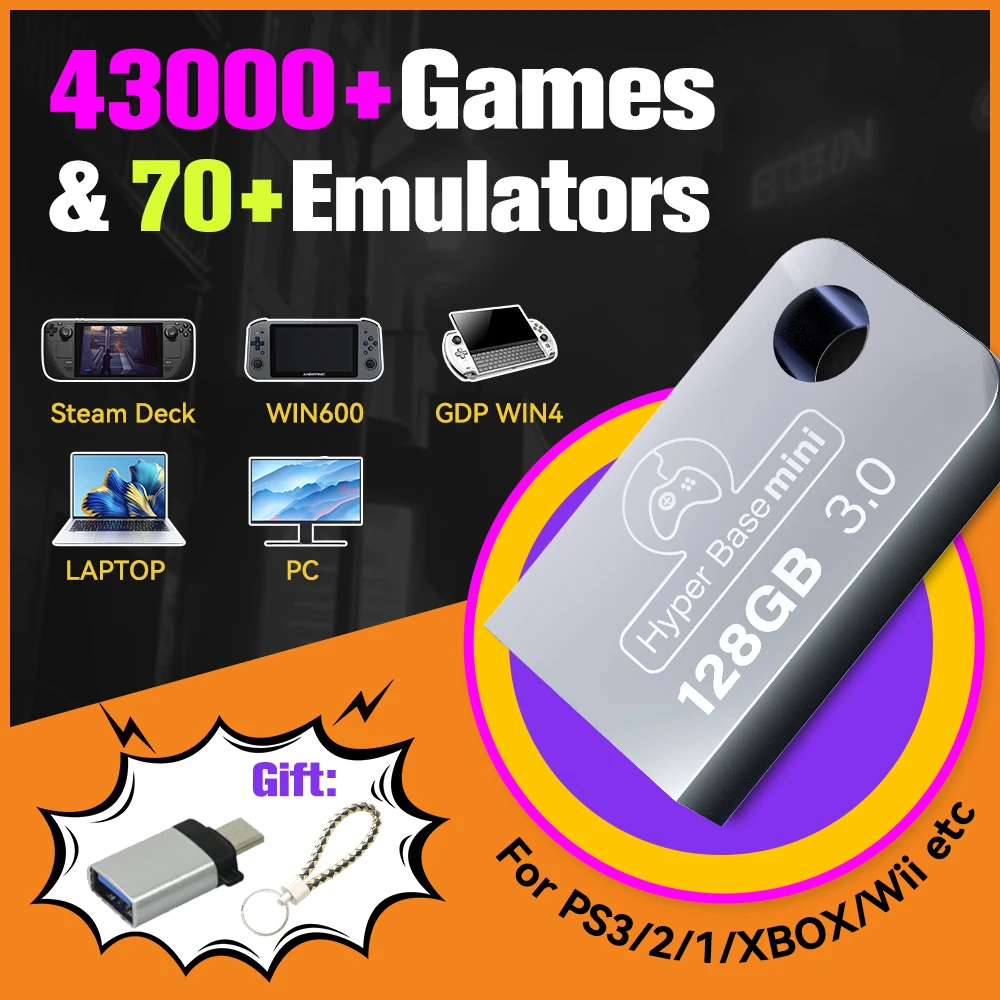 

Mini 128GB Gaming USB Flash Drive Retro Gaming Hard Drive 43,000+Games&70+Emulators Batocera OS Plug & Play Retro Console PC