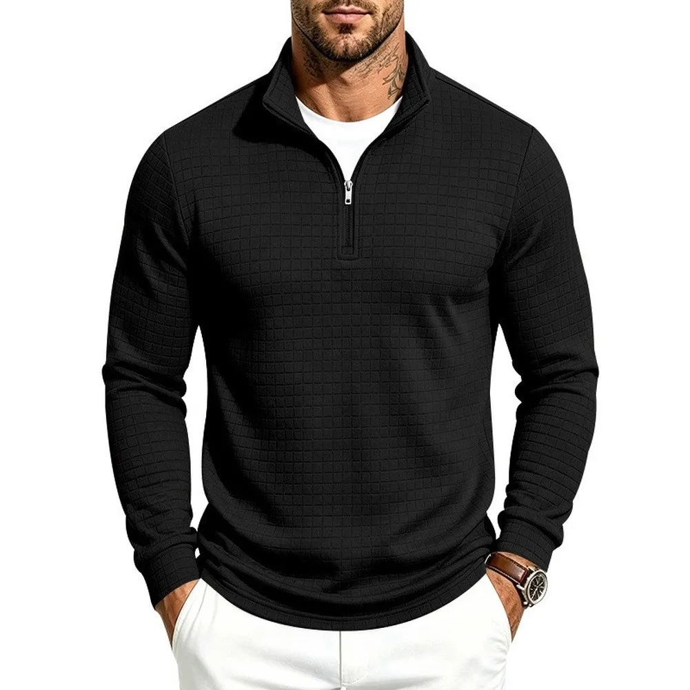 Long Sleeve Men's Half Zip Pullover Built with Stand Collar Support and Surface-Level Jacquard Checkered Detail