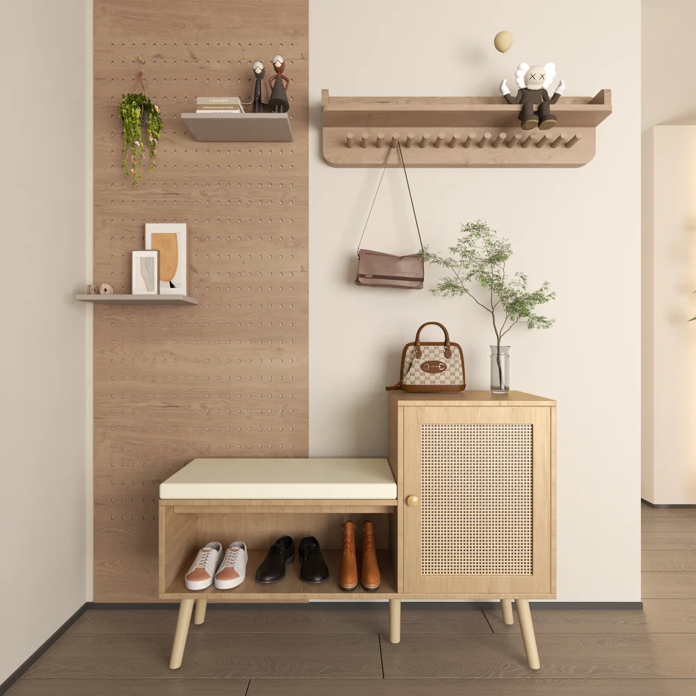 2-in-1 Shoe Storage Bench Natural Rattan Shoe Cabinet 2 Adjustable Shelves Removable Seat Cushion Modern Entryway Shoe Storage