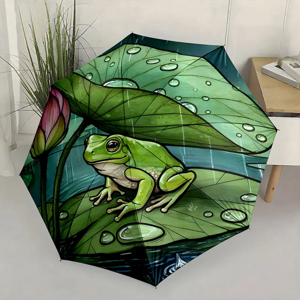 1PC Frog Sheltered by Lotus Leaves in Rainy Design Umbrella Print 8 Iron Ribs Folding Umbrella Auto-Open Fashion Sunshade