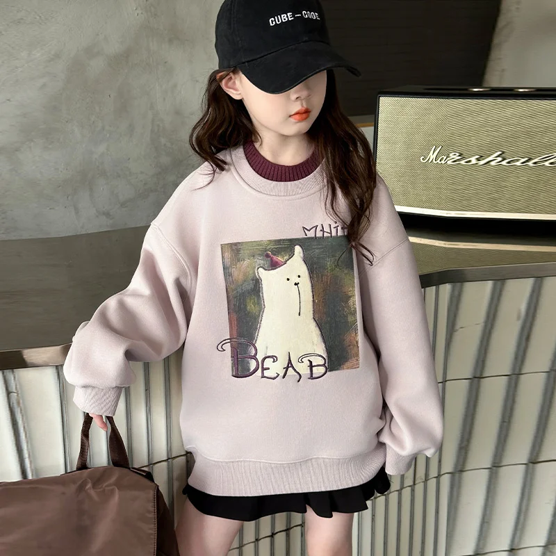 Korean Style Children Sweatshirt With a Bear Print for Girls Long Sleeve Winter Thermal Tshirt Tops Loose Clothes for Teens Kids