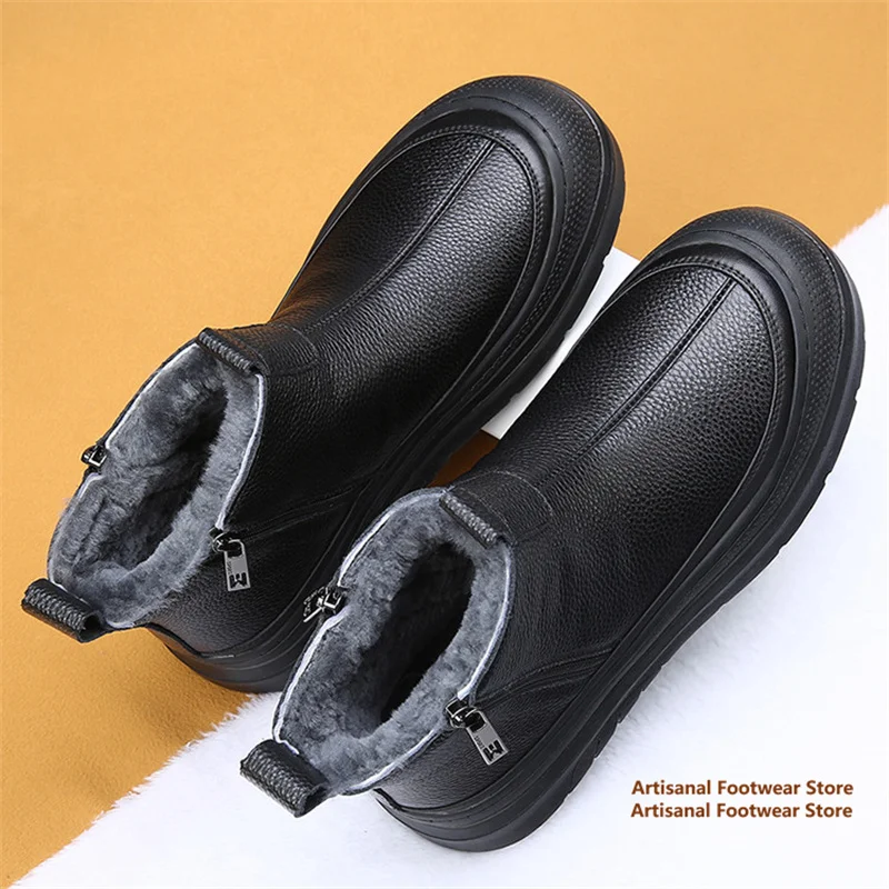 Black Leather Winter Ankle Boots Men's Thick Fleece Lined Side Zipper Anti-Slip Thick Sole Warm Casual Men's Snow Booties
