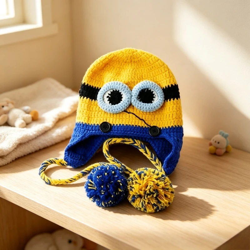 Minioned Hot New Handmade Crochet Ear Protection Hat Beanie Ski Mask Caps Beanie Accessories Hat with Earflaps Birthday Gifts view 3