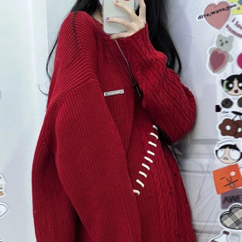 Y2k Sweater Pullovers Women Ripped Tassel Teens Hotsweet Cool Designer Streetwear American Retro Fashion Knitwear Pull Femme Top