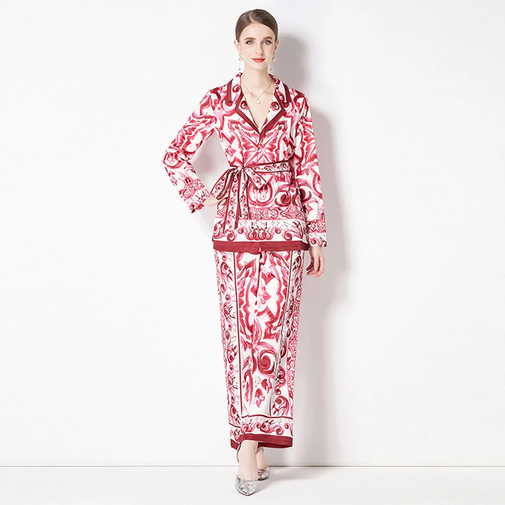 

Autumn Runway Red Blue and White Porcelain Print Two Piece Set Women Notched Belt Shirt Top＋High Waist Wide Leg Pant Suits