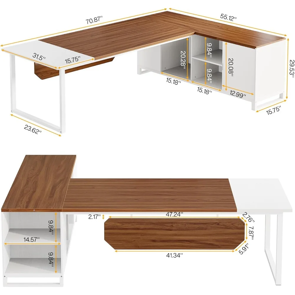 Grand Bureau d'Ordinateur en Forme de L de 70.8 Pouces, avec Armoire de Rangement de 55 Pouces, avec Étagères et Armoires