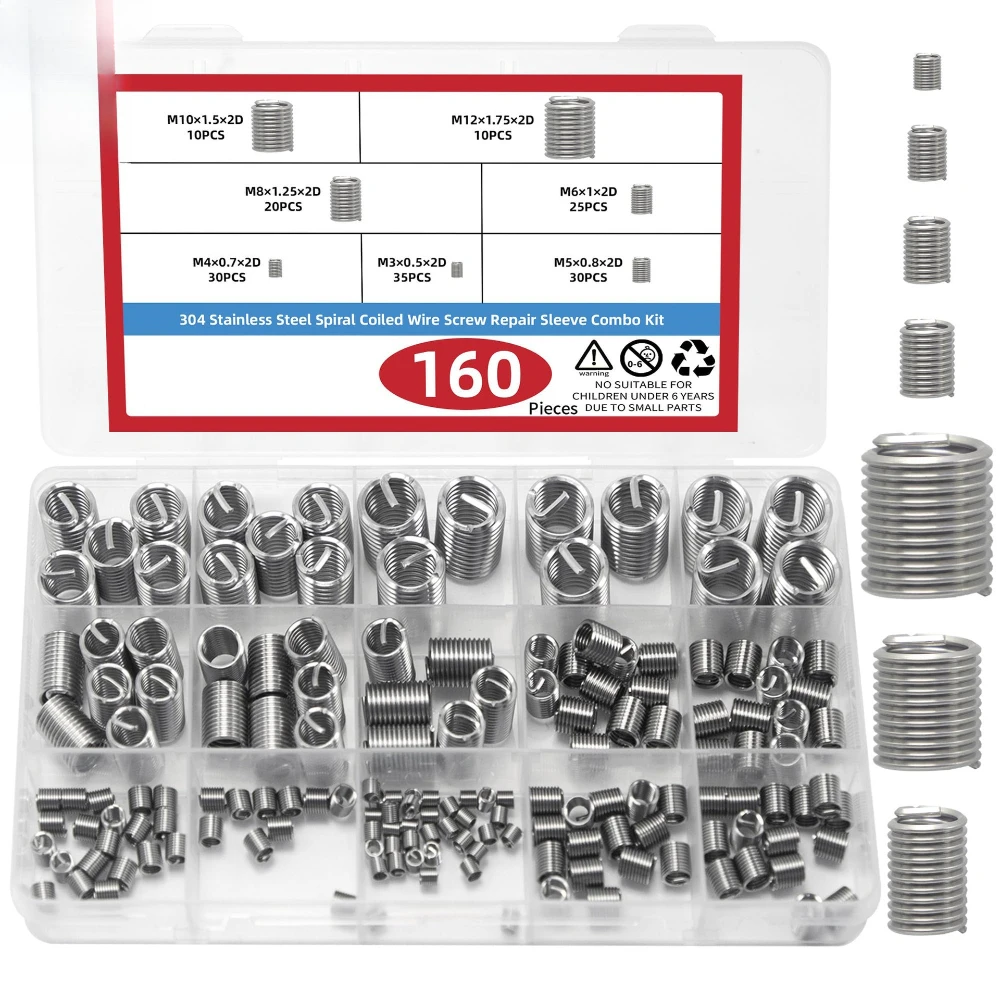 

160pcs 304 Stainless Steel Threaded Sleeve Steel Wire Thread Wire Screw Sleeves M3-M12 Wire Thread Insert Sleeve Conversion Nut