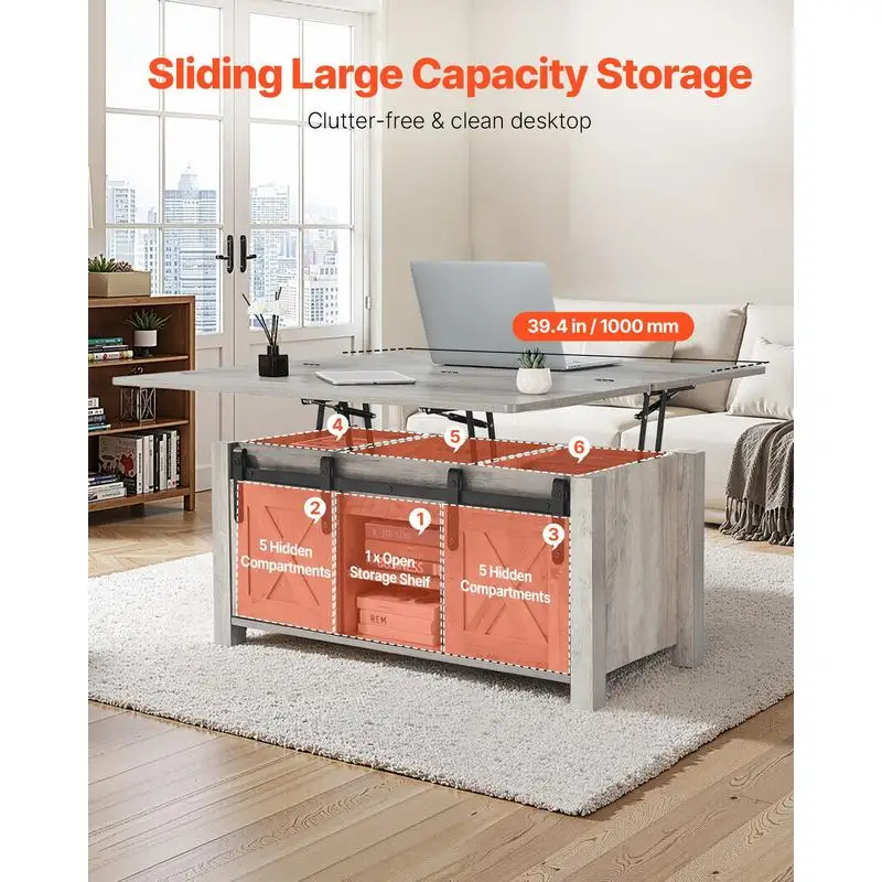 Mesa de centro rectangular con tapa elevable, 1000 x 500 x 485 mm, mesa de salón con puerta estilo granero y compartimento de almacenamiento oculto para oficina, hogar, color roble rústico